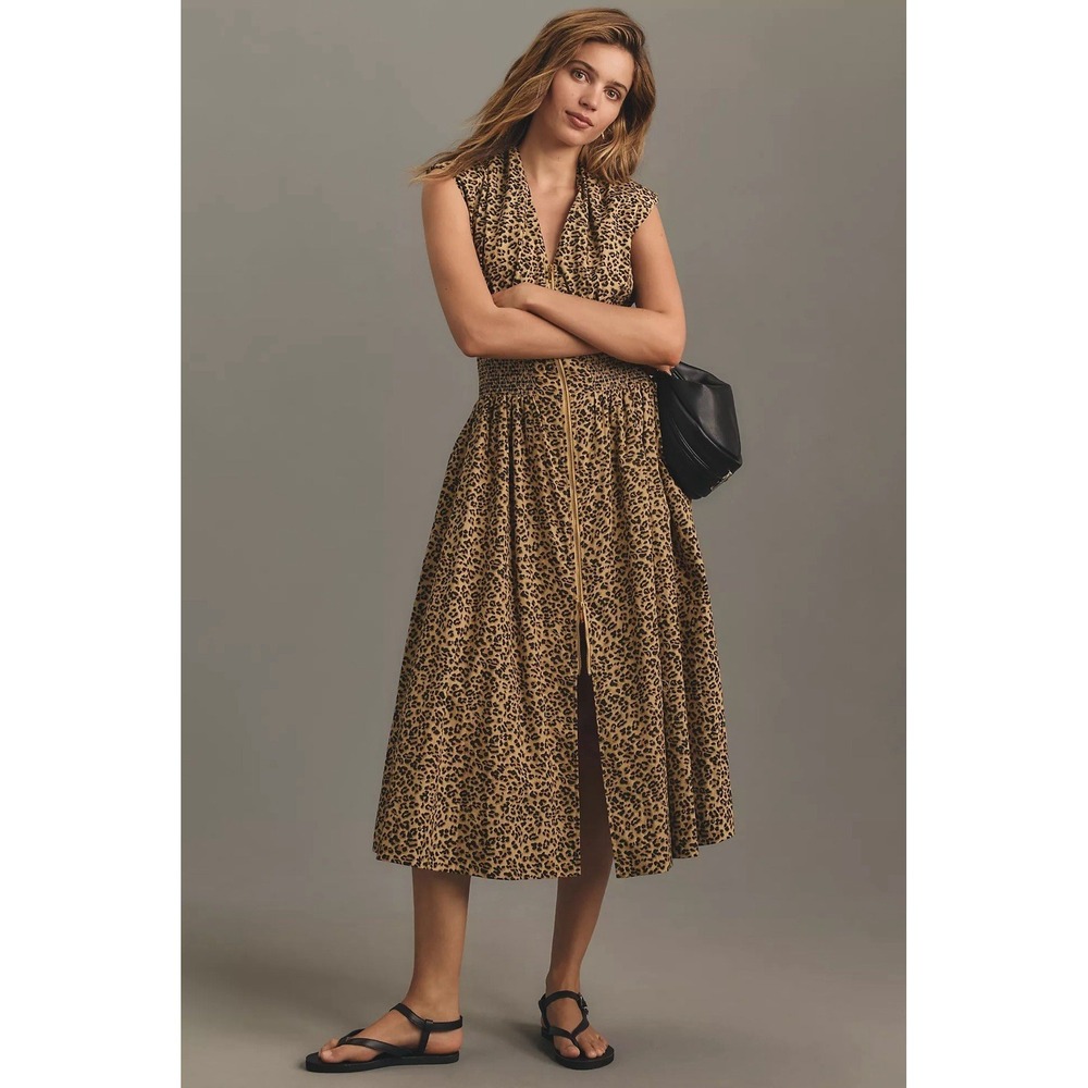 anthropologie Tommie Cap-Sleeve Smocked Front-Zip Midi Shirt Dress SZ S cheetah